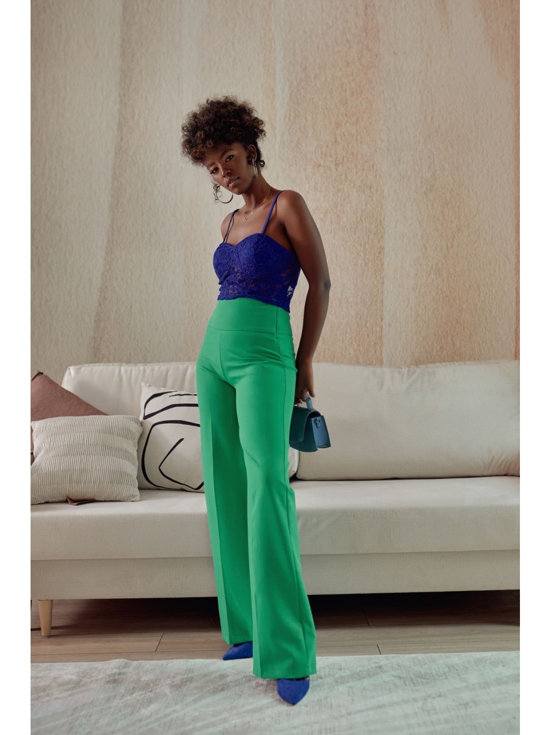 Pantaloni lati de dama cu sita, verde 50080 - Magazin online - Boutique